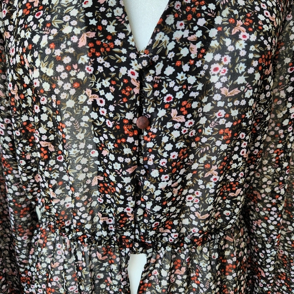 Duster Top Dark Floral Midi Sheer Cottagecore Bohemian Hippie Feminine Girly S - Picture 7 of 17